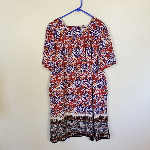 Vtg Womens Cotton MuMu Red Aztec Midi Dress 2X Short Sleeve Pockets Multicolor - Picture 7 of 9